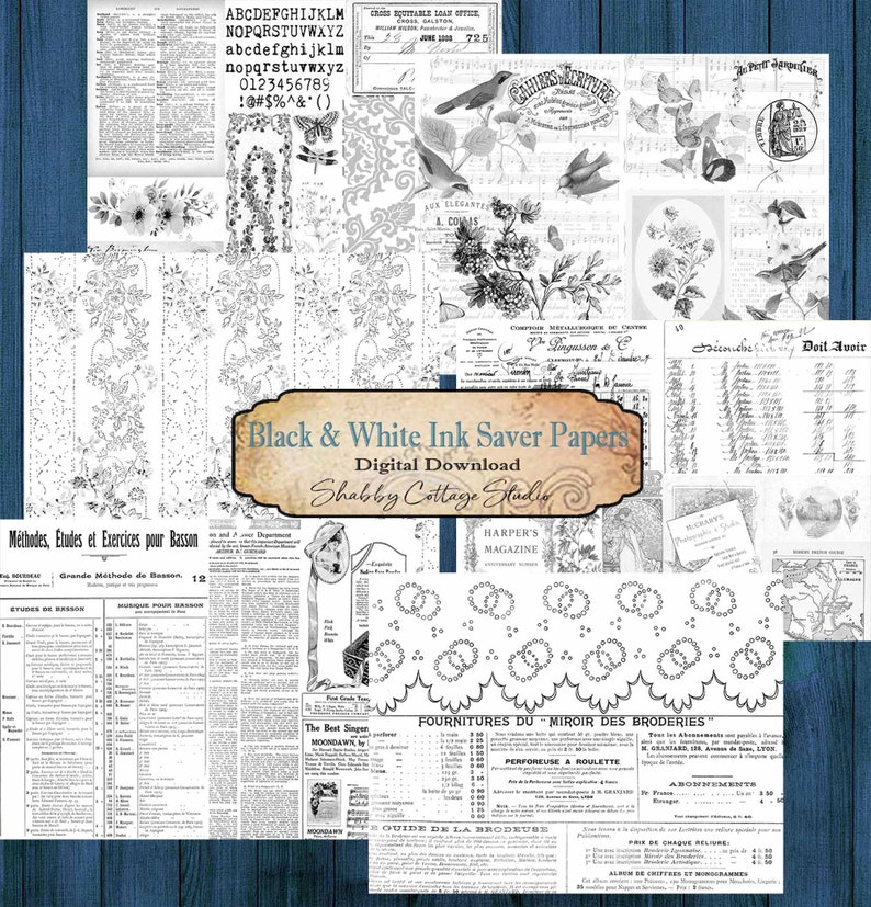 Ink Saver Black and White Collage Papers Digital Download Printable Journal Papers Stamp Paper Junk Journal Ephemera image 1