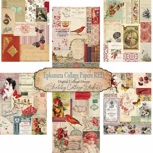 Ephemera Collage Papers Red - Printable Paper Pack - Digital Tear Sheet - Instant Download - Scrapbooking Paper Craft - Journal Ephemera