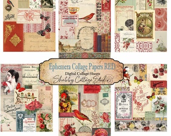 Ephemera Collage Papers Red - Printable Paper Pack - Digital Tear Sheet - Instant Download - Scrapbooking Paper Craft - Journal Ephemera