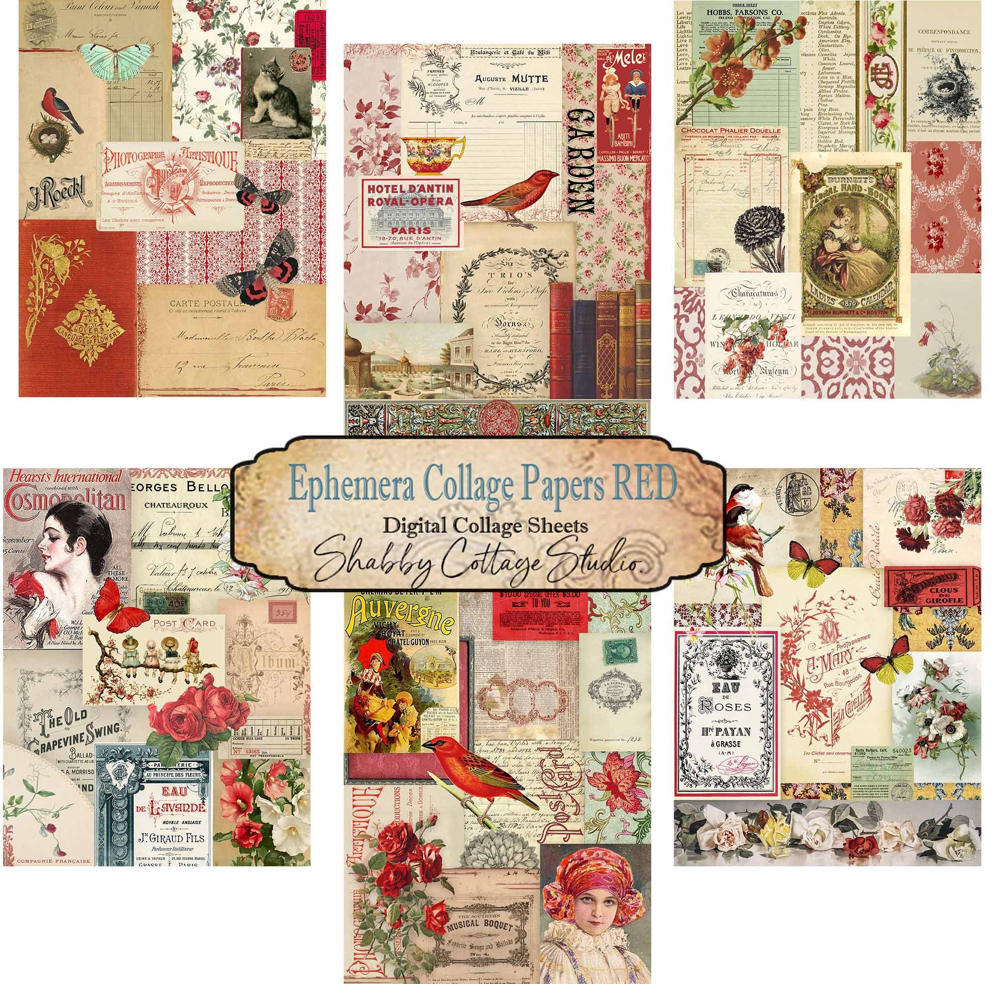 Ephemera Collage Papers Red Printable Paper Pack Digital 