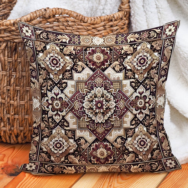 Elegant Burgundy and Gold Floral Geometric Pillow with Insert  | Cute Decorative Tapestry Pillow for Couch and Nursery Designer Sofa Cushion