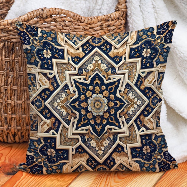 Luxurious Indigo, Gold, and Ivory Geometric Floral Pillow with Insert | Opulent Tapestry Cushion Elegant Decor | Decorative Designer Pillow