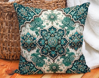 Emerald and Turquoise Geometric Floral Pillow with Insert | Symmetrical Cute Tapestry Designer Cushion for Stylish Couch Sofa or Chair Decor
