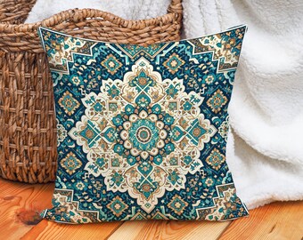Turquoise and Gold Floral Pillow: Geometric Accent Cushion