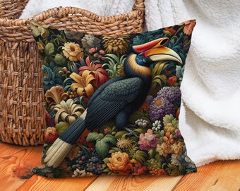 Vintage Hornbill Tapestry Pillow: Boho Floral Sofa Cushion