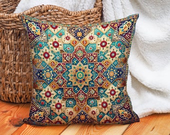 Symmetrical Designer Pillow Gift for Couch & Living Room Bedroom Vibrant Floral-Geometric Sofa Cushion Boho Decorative Pillow Mom Her Gift