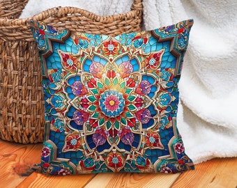 Floral Arabesque Tapestry Pillow Gift for Her | Decorative Sofa Pillow with Cover | Vibrant Geometric Boho Cushion for Home Decor and Couch