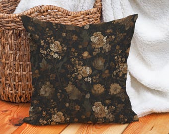 Dark Floral Throw Pillow: Vintage Botanical Accent Decor