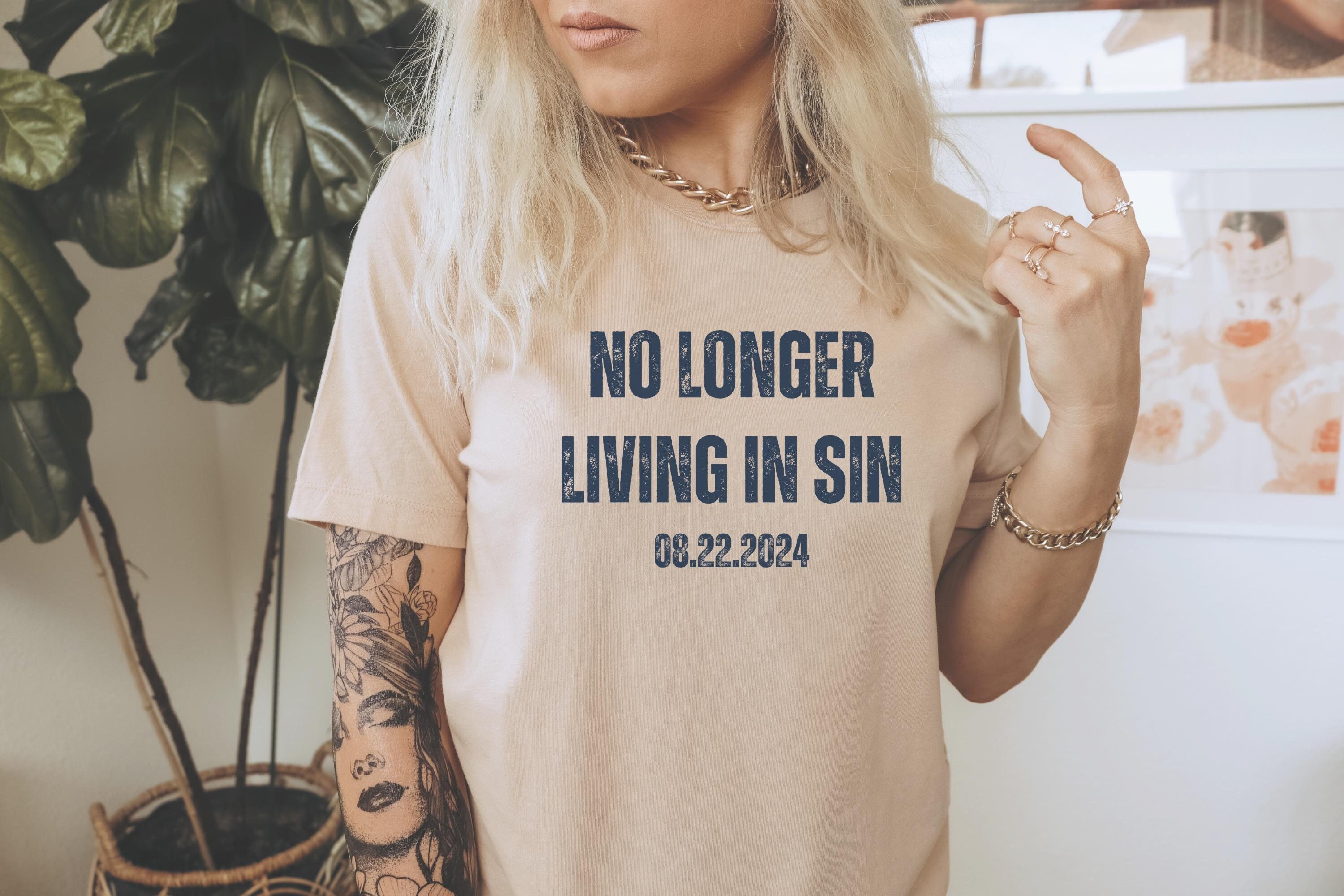 No Longer Living In Sin Tee Shirts Novelty Engagement Gift Idea Custom Personalized Wedding for Wife Husband Date Unique Funny Anniversary