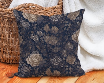 Dark Blue Floral Throw Pillow: Vintage Botanical Accent Decor