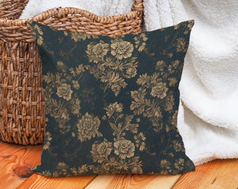 Dark Floral Throw Pillow: Vintage Botanical Accent Cover