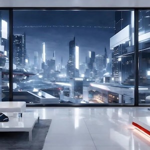 Puede incluir: Un interior moderno con una vista panorámica de una ciudad futurista. La habitación cuenta con un sofá blanco con cojines rojos, una mesa de centro blanca y una chaise longue blanca. Una manta roja adorna la cama. Grandes ventanales ofrecen vistas a la ciudad.