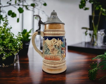 Bierkrug aus Porzellan, Deckelkrug mit Deckel, 70er Jahre Dekor, antikes Geschenk