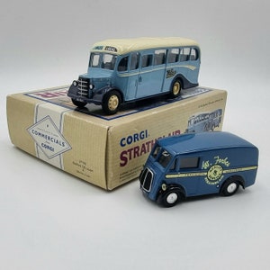 Vintage Corgi Strathblair Diecast Set: Bedford OB Coach & Morris J Van