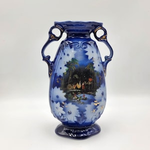 Victorian Vase Cobalt Blue And Gold Twin Handle Hand Painted Art Nouveau 19th Century Antique, Home Gift