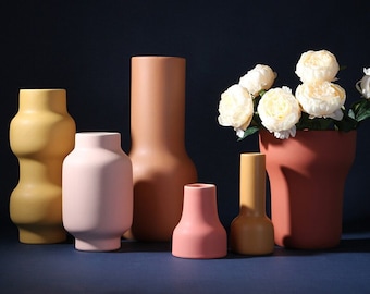 Ceramic Vase Set of 6 Modern Rustic Farmhouse Home Decor Flower Vases in Bulk for Living Room Office Mantel Shelf Decorations Morandi Color