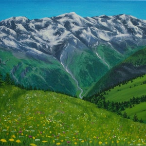 Alps Painting Spring Swiss Mountains Landscape Original Alpine Acrylic Wall art Switzerland travel Greenery Fine Art Canvas Painting 12x16