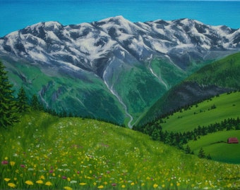 Alpes peinture printemps paysage de montagnes suisses alpin original acrylique murale art Suisse voyage verdure toile d'art peinture 12 x 16