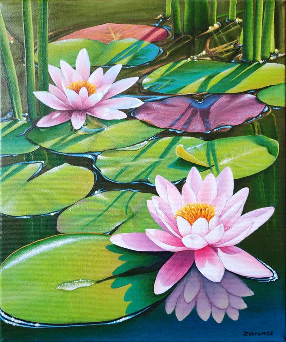睡蓮の池の絵画 オリジナル禅花壁アート ピンクの蓮の花 キャンバス