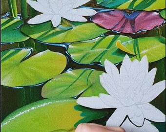 睡蓮の池の絵画 オリジナル禅花壁アート ピンクの蓮の花 キャンバス