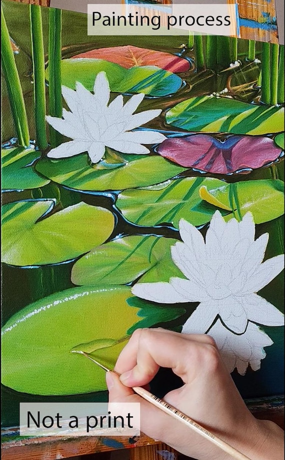 睡蓮の池の絵画 オリジナル禅花壁アート ピンクの蓮の花 キャンバス
