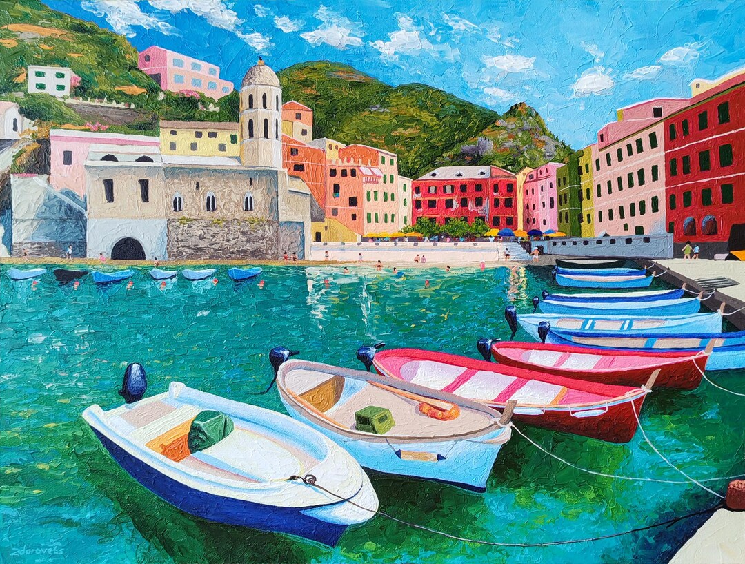 Vernazza Cinque Terre Italy Coast Painting Mediterranean Textured Wall ...