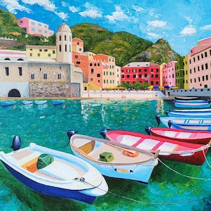 Italy Coast Painting Mediterranean Impasto Wall Art Travel Cityscape Textured Art Monterosso Italian Landscape Village Vernazza Cinque Terre