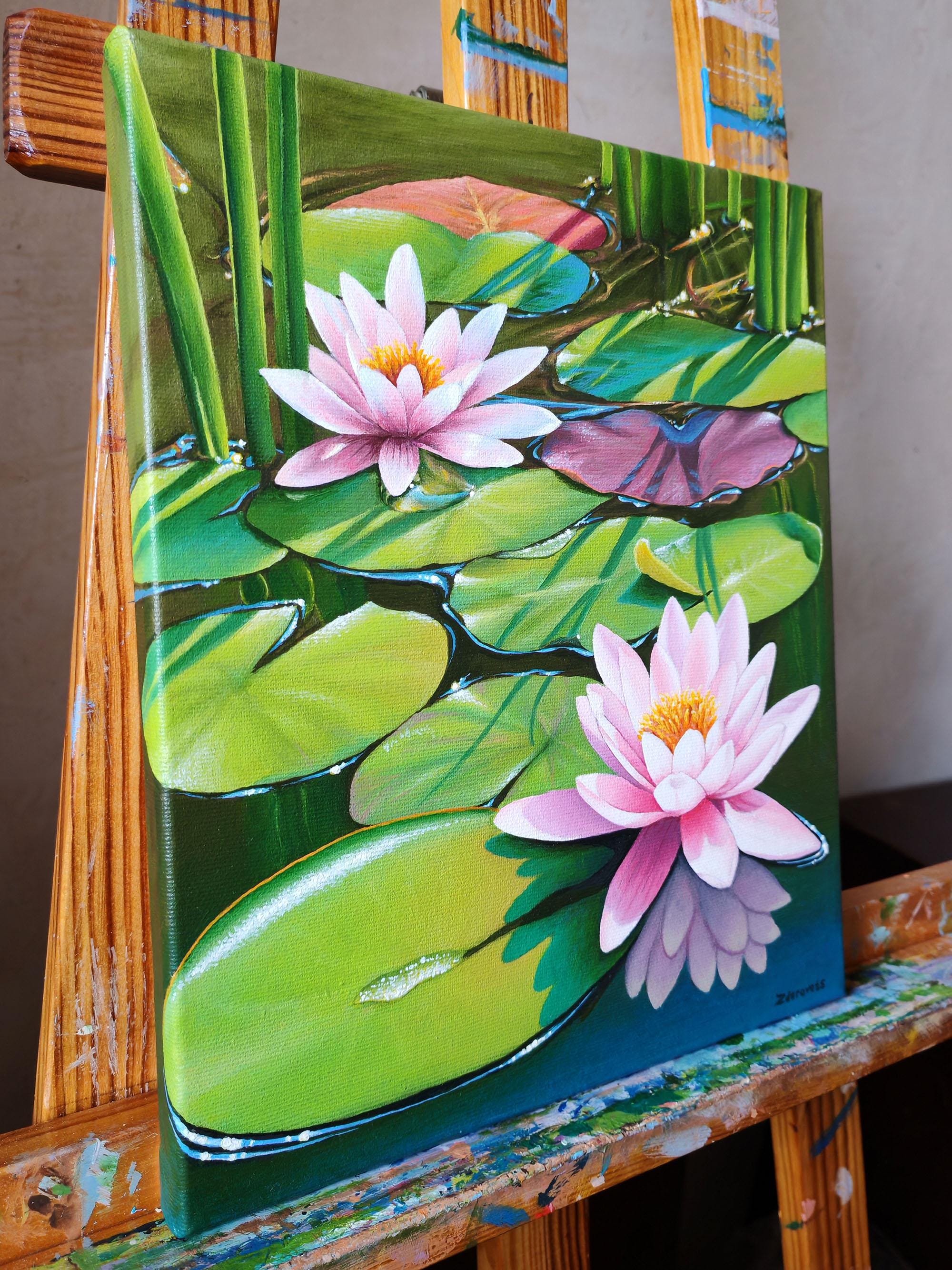 睡蓮の池の絵画 オリジナル禅花壁アート ピンクの蓮の花 キャンバス