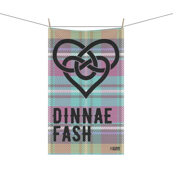 Dinnae Fash Tartan Cotton Tea Towel with Celtic Knotted Heart Emblem - A 'No Stress' Scottish gift | Free Standard US Delivery