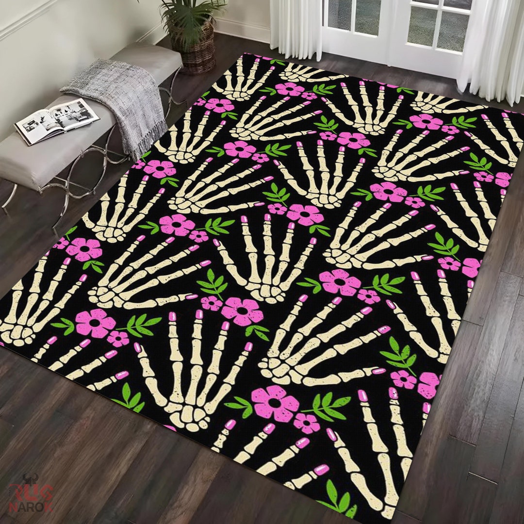 Hok Rug Skeleton Pattern Cute Horror Rug, Pink Floral Carpet, Skeleton Hand Pattern Rug, Nonslip ...