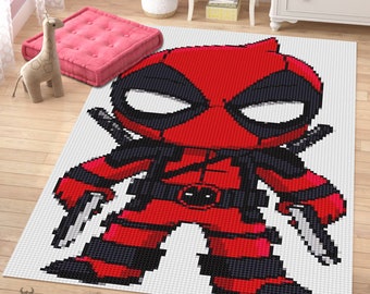 Pixel-Art-Teppich, Baby-Deadpool-Teppich, Superhelden-Teppich, Kinderzimmermatte, süßer Superhelden-Teppich für Jungenzimmer, Pixelmatte