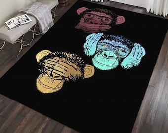 Alfombra de tres monos, alfombra con estampado de animales, alfombra negra, alfombra divertida, alfombra Bape, alfombra de evolución, decoración del hogar, regalo para amigos antideslizante