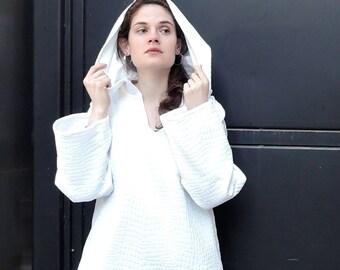 White Hooded Bell Sleeve Tunic, White Hoody, Washable Hooded Top