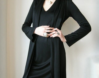 Black Rayon Shawl Dress, Dress with Shawl and Belt, Size Small and Medium