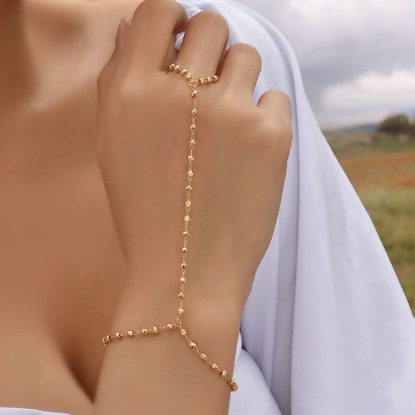 Goldperlen-Handkette | Verstellbare Armbandkette | Eleganter Schmuck | Geschenk für Sie | Edles, schlichtes Handstück