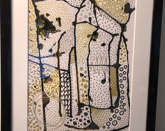 Original black and gold ink drawing mounted and framed