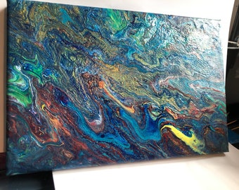 acrylic pour painting beautiful colours and detail with metallic paints to add dimension