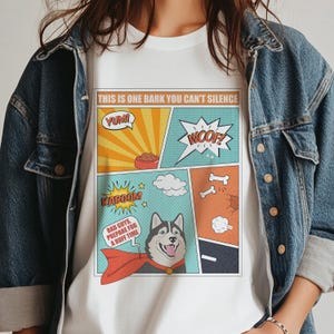 ハスキーのスーパーヒーロー漫画風おもしろユニセックスTシャツペットの飼い主へのギフト