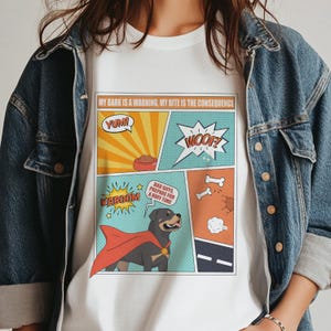 Rottweiler Superbohater Komiksowy styl Zabawny Unisex T-shirt prezent dla właściciela zwierzaka