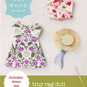 Könnte beinhalten: Ein Nähmuster für eine winzige Sommergarderobe für eine Stoffpuppe, bestehend aus einem Kleid, einem Oberteil und einem Hut. Das Muster ist mit Stoffproben der Puppenkleidung illustriert.