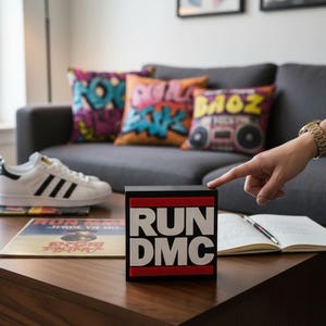 May include: A black and red RUN DMC block sign with white lettering sits on a wooden coffee table. A pair of white sneakers with black stripes and a vinyl record are also on the table. Colorful throw pillows and a gray sofa are in the background.