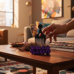 May include: A black afro pick with a circular handle and a purple sign that reads "DIGABLE PLANETS" on a wooden table. The pick is held by a hand. The table is in a living room setting.