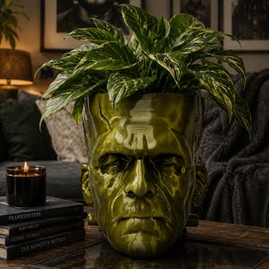 May include: A glossy olive green planter shaped like the head of Frankenstein's monster, featuring a flat top, prominent brow, and bolts on the sides. A variegated green and white pothos plant grows out of the top of the head-shaped container.