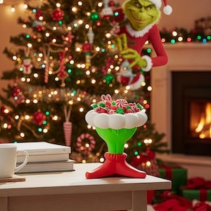 Può includere: Una scena natalizia festosa con un albero decorato, luci e ornamenti. Una bomboniera a forma di fiore è piena di caramelle. Il personaggio del Grinch sbuca da dietro l'albero. Un camino e dei regali sono sullo sfondo.