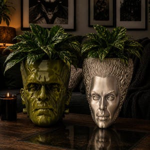 May include: Two head-shaped planters featuring the likeness of Frankenstein's monster in a glossy olive green finish and the Bride of Frankenstein in a metallic silver finish, each containing a leafy green plant with variegated foliage.