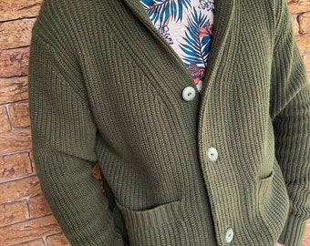Green knitted Woolen Men's Cardigan, Soft Merino Wool Men's Cardigan, Open Front Cardigan with Pockets for Man