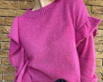 Hand knit  pink mohair sweater,  aesthetic clothes, gifts for her, handmade, wool, knitting, gift for wife, mohair yarn, jumper with ruffles