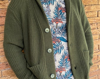 Green knitted Woolen Men's Cardigan, Soft Merino Wool Men's Cardigan, Open Front Cardigan with Pockets for Man, Shawl Collar