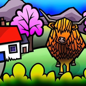 Highland Coo colourful fine art Scottish print by Amanda Hone image 1