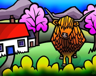 Highland Coo - gravure écossaise colorée par Amanda Hone